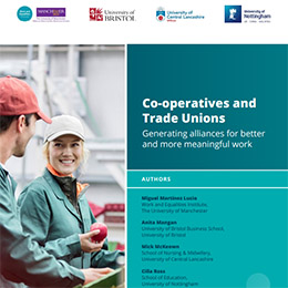 Smiling workers in uniforms beside a report titled Co operatives and Trade Unions Generating alliances for better and more meaningful work.
