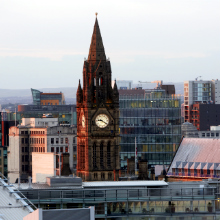 skyline of Deansgate, Manchester at dusk