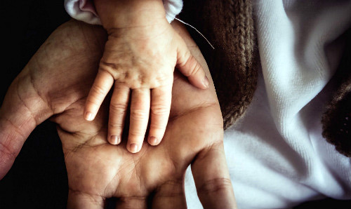 small child's hand rested on palm of adult hand